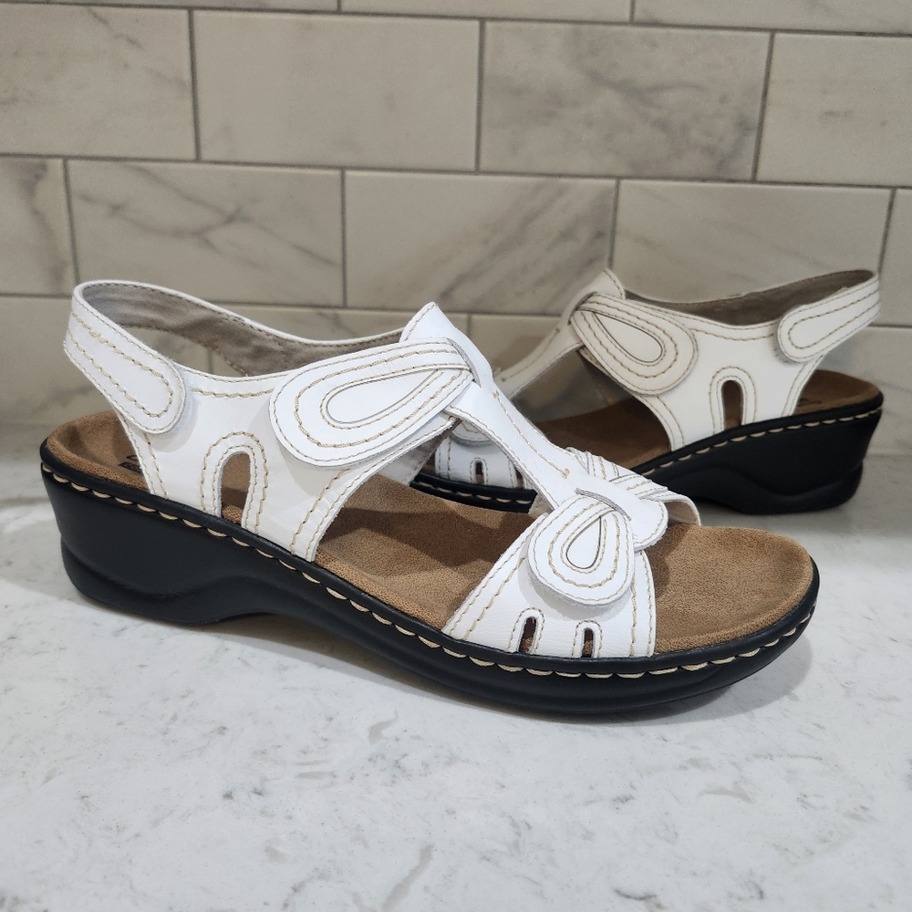 Clarks Lexi Walnut White Leather Wedge Sandals Ladies Sz 10